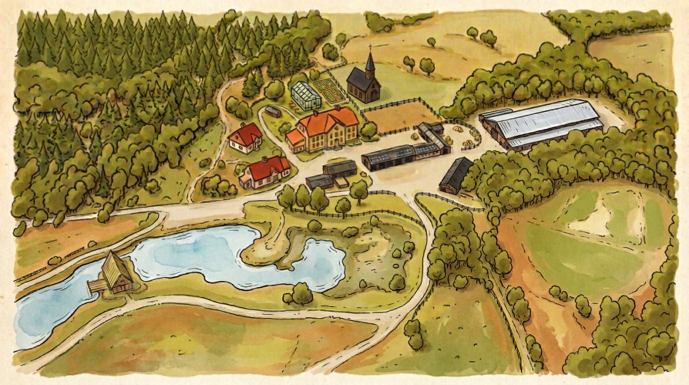 Handritad illustrerad karta över Väddholmen med ridhus, stall, kapell och sjö